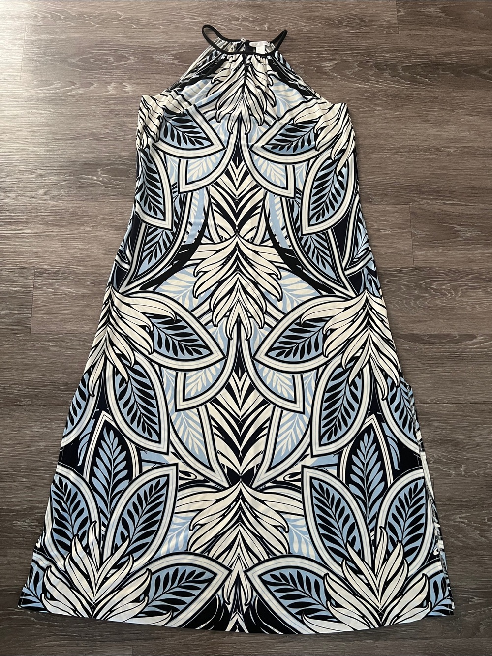 London Times Halter Maxi Dress Blue Floral Print Side Slit Size 12 - Picture 3 of 17
